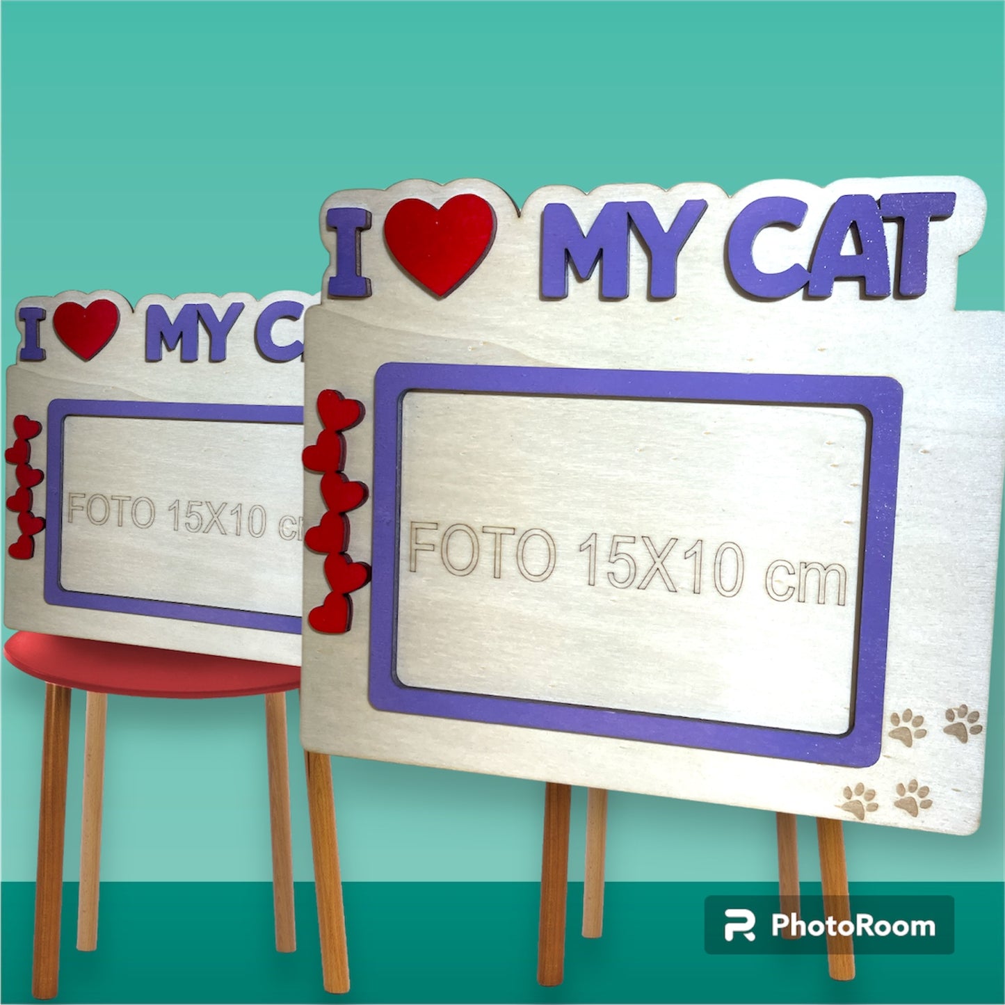 Cornice Love My Cat con Cuore Rosso- Cornice in Legno per Gatto